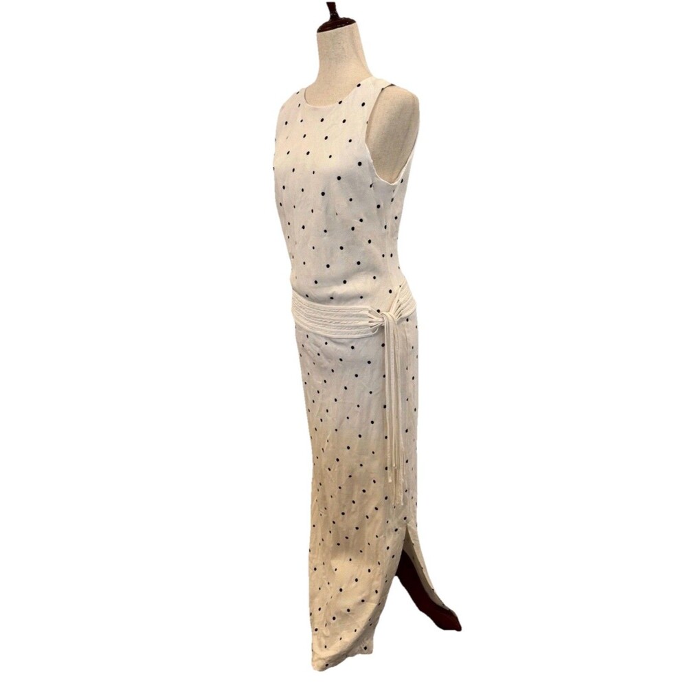 Willi Smith Woman's Size 10 Linen Blend Maxi Dress White/Black Polka Dot w/Sash